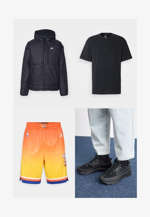 Chaqueta acolchada negra de Nike con cremallera frontal y capucha. Presenta un logo blanco en el lado izquierdo del pecho y dos bolsillos frontales. Textura exterior suave.; Camiseta negra de algodón de Nike con un clásico cuello redondo, mangas cortas y un sutil logo en relieve en el pecho. Textura suave.; Pantalones cortos de baloncesto en degradado de naranja a amarillo, con tela de malla, logo blanco de Jordan y un detalle de personaje de dibujos animados en el costado. Cinturilla elástica.; Zapatillas deportivas negras con tejido texturizado y suelas de goma, con cordones elásticos y un acento azul en el talón. Combinadas con pantalones de mezclilla claros.