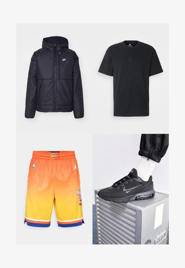 Schwarze, gepolsterte Nike-Jacke mit Frontreißverschluss und Kapuze. Hat ein weißes Logo auf der linken Brust und zwei Fronttaschen. Glattes äußeres Material.; Schwarzes Baumwoll-T-Shirt von Nike mit klassischem Rundhalsausschnitt, kurzen Ärmeln und einem dezenten, geprägten Logo auf der Brust. Glatte Textur.; Basketballshorts in einem orange-zu-gelb Farbverlauf, aus Netzgewebe, mit weißem Jordan-Logo und einem Cartoon-Charakter-Detail an der Seite. Elastischer Bund.; Nike Sportswear PULSE - Sneaker low - black/anthracite