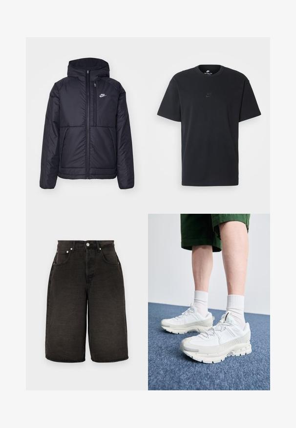 Fekete, párnázott Nike dzseki elülső cipzárral és kapucnival. A bal mellen fehér logó található, valamint két elülső zseb. Simának tűnő külső felület.; Fekete pamut póló Nike márkájú, klasszikus, kerek nyakú, rövid ujjú, és letisztult, dombornyomott logóval a mellkason. Simább textúra.; Fekete farmer rövidnadrág egyenes szabással, elülső zsebekkel, cipzáros nyítással és finom ráncos textilfelülettel. Ezüst színű fém kiegészítők.; Fehér sportcipők texturált burkolattal, vastag talppal és szürke részletekkel. Fehér sportzoknival és zöld rövidnadrággal viselve, kék felületen.