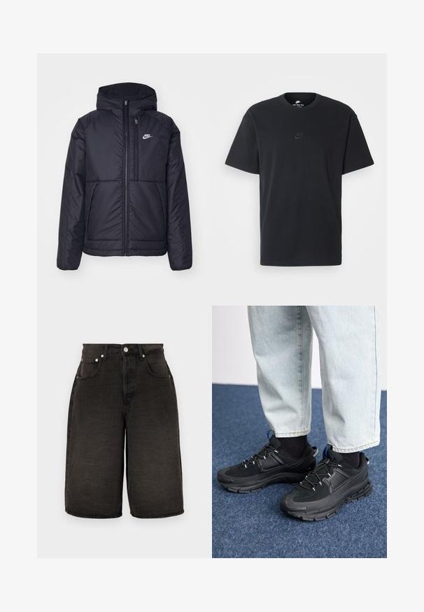 Juodas, paminkštintas Nike džemperis su priekyje užtrauktuku ir gobtuvu. Pasižymi balta logo kairėje krūtinės pusėje ir dviem priekinėmis kišenėmis. Su lygiu išoriniu paviršiumi.; Juodas medvilninis Nike marškinėliai su klasikinėmis apykaklėmis, trumpomis rankovėmis ir subtiliu, įspaustu logotipu ant krūtinės. Sklandus tekstūra.; Juodi džinsiniai šortai su tiesiu pjūviu, turintys priekinės kišenes, užtrauktuką ir tekstūrinį audinį su subtiliais raukšlėmis. Sidabriniai detalės.; Juodi sportiniai bateliai su tekstūruota medžiaga ir guminiais padais, su elastingomis raišteliais ir mėlynu akcentu ant kulno. Dėvimi su šviesiai mėlynomis džinsinėmis kelnėmis.
