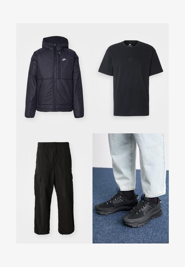Musta, pehmustettu Nike-takki, jossa on etuvetoketju ja huppu. Vasemmassa rinnassa on valkoinen logo ja takissa on kaksinkertaiset etutaskut. Pintakoe on sileä.; Nike musta musta T-paita, jossa on klassinen pyöreä kaula-aukko, lyhyet etkä hihat sekä hillitty, kohopainettu logo rinnassa. Silkkinen rakenne.; Mustat cargo-housut, jotka on valmistettu pehmeästä kankaasta, löysä istuvuus, sivutaskut ja napitus. Alahelma on käännetty.; Mustat urheilukengät, joissa on teksturoitu kangas ja kumipohjat, elastiset nauhat ja sininen yksityiskohta kannassa. Yhdistetty vaaleisiin farkkuihin.