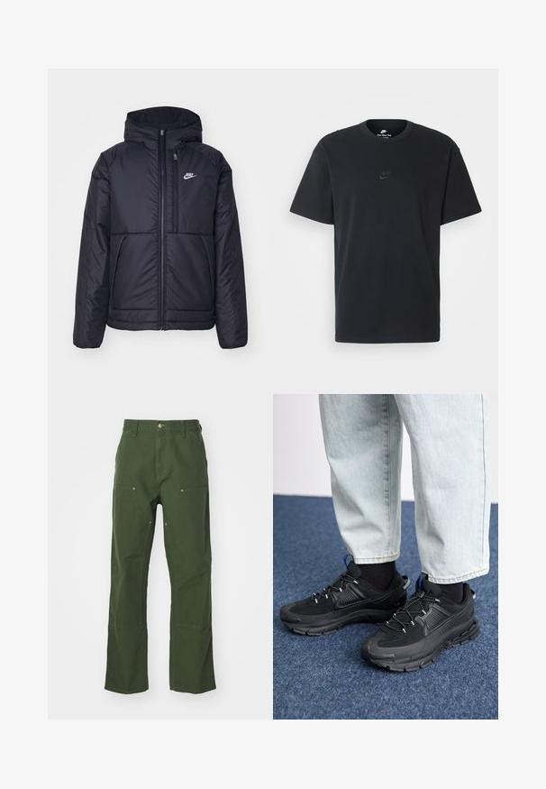 Veste Nike noire rembourrée avec une fermeture éclair sur le devant et une capuche. Elle présente un logo blanc sur la poitrine gauche et deux poches avant. Texture extérieure lisse.; T-shirt en coton noir Nike avec un col rond classique, des manches courtes et un logo embossé subtil sur la poitrine. Texture lisse.; Pantalons en coton verts avec une coupe droite, dotés de poches avant et arrière, de quincaillerie dorée et de renforts aux genoux.; Des chaussures de sport noires avec un tissu texturé et des semelles en caoutchouc, dotées de lacets élastiques et d'un accent bleu au talon. Portées avec un pantalon en denim clair.