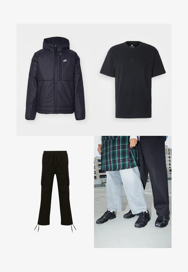 Fekete, párnázott Nike dzseki elülső cipzárral és kapucnival. A bal mellen fehér logó található, valamint két elülső zseb. Simának tűnő külső felület.; Fekete pamut póló Nike márkájú, klasszikus, kerek nyakú, rövid ujjú, és letisztult, dombornyomott logóval a mellkason. Simább textúra.; Fekete cargo nadrág rugalmas derékkal, oldalsó zsebekkel és zsinórral az alján; könnyű anyagból készült, sima textúrával.; Fekete sportcipők, hálós és gumis részletekkel. Világosszürke, bővített szabású farmernadrággal és kockás zöld toppal viselve. Simafelszínű háttér.
