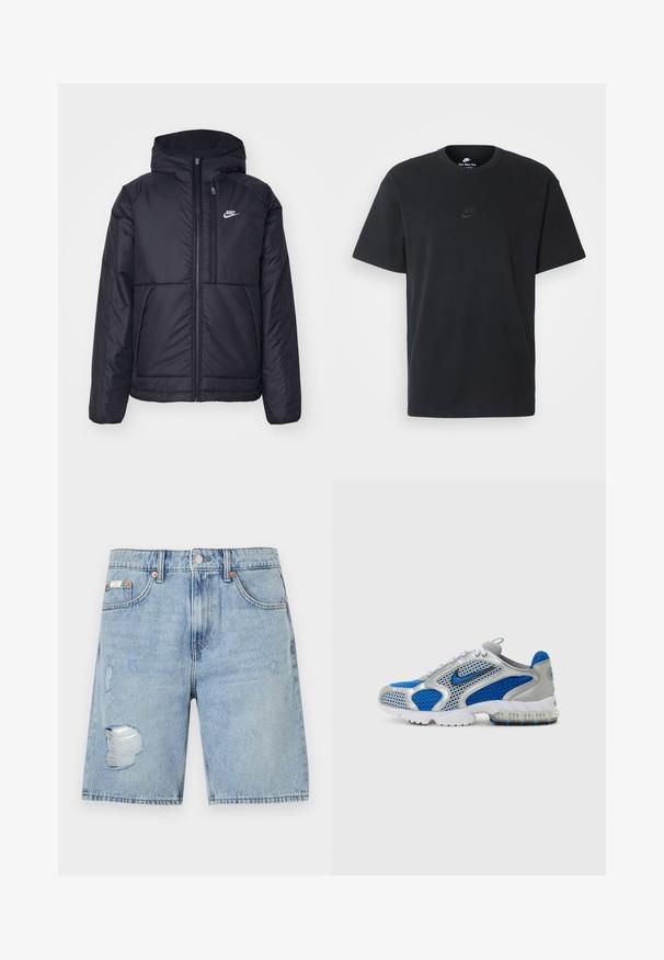 Veste Nike noire rembourrée avec une fermeture éclair sur le devant et une capuche. Elle présente un logo blanc sur la poitrine gauche et deux poches avant. Texture extérieure lisse.; T-shirt en coton noir Nike avec un col rond classique, des manches courtes et un logo embossé subtil sur la poitrine. Texture lisse.; Shorts en denim bleu clair avec un design usé. Comprend des bords effilochés et des patchs, cinq poches et un bouton en métal pour la fermeture.; Baskets de sport bleu et argent avec des panneaux en maille, un col rembourré et une semelle translucide avec des accents bleus. Des lacets contrastants complètent le design.