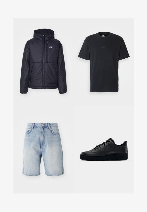 Black, padded Nike jacket with a front zipper and hood. Features a white logo on the left chest and dual front pockets. Smooth exterior texture.; Nike black cotton t-shirt with a classic crew neck, short sleeves, and a subtle, embossed logo on the chest. Smooth texture.; Light blue denim shorts with a high waist, five-pocket design, and contrasting stitching. Hemmed cuffs and metal button closure.; Black Nike Air Force 1 sneaker with a smooth leather upper, perforated toe for breathability, black laces, and a textured rubber sole.