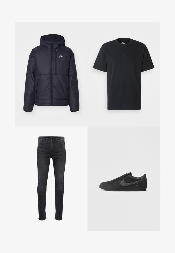 Čierna, polstrovaná bunda Nike so zipsom vpredu a kapucňou. Na ľavej strane hrude sa nachádza biele logo a sú tu dva predné vrecká. Hladký vonkajší povrch.; Čierne bavlnené tričko Nike s klasickým okrúhlym výstrihom, krátkymi rukávmi a jemne embosovaným logom na hrudi. Hladká textúra.; Úzke fit džínsy v tmavosivej denimovej farbe, s bočnými a zadnými vreckami, predným gombíkom a jemnými detailmi vyblednutia.; Čierne semišové tenisky s nízkym profilom, gumovou podrážkou, textúrovanými bočnými panelmi a tonálnym logom Nike swoosh. Šnurovanie vpredu, vypolstrovaný golier.