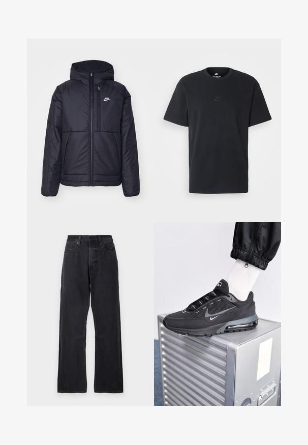 Černá zateplená bunda Nike s předním zipem a kapucí. Na levé straně hrudi má bílé logo a dvojité přední kapsy. Hladký povrch.; Černé bavlněné tričko Nike s klasickým kulatým výstřihem, krátkými rukávy a decentně vyraženým logem na hrudi. Hladký povrch.; Černé džíny s širokými nohavicemi a vysokým pasem, pět kapsami a jemnými texturálními detaily. Obsahují zapínání na knoflík a zip.; Nike Sportswear PULSE - Tenisky - black/anthracite