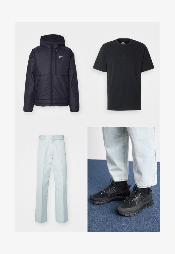 Veste Nike noire rembourrée avec une fermeture éclair sur le devant et une capuche. Elle présente un logo blanc sur la poitrine gauche et deux poches avant. Texture extérieure lisse.; T-shirt en coton noir Nike avec un col rond classique, des manches courtes et un logo embossé subtil sur la poitrine. Texture lisse.; Pantalons en coton bleu clair avec une coupe droite, présentant des plis subtils et une texture lisse, finition avec une taille standard.; Des chaussures de sport noires avec un tissu texturé et des semelles en caoutchouc, dotées de lacets élastiques et d'un accent bleu au talon. Portées avec un pantalon en denim clair.
