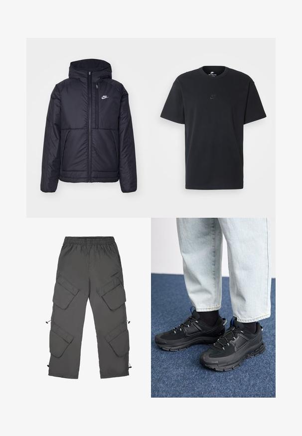 Casaco Nike preto, acolchoado, com fecho à frente e capuz. Apresenta um logo branco no lado esquerdo do peito e dois bolsos frontais. Textura exterior lisa.; T-shirt de algodão preto da Nike com um clássico decote redondo, mangas curtas e um logótipo em relevo discreto no peito. Textura suave.; Calças cargo em tecido cinza escuro com cintura elástica, múltiplos bolsos cargo, bainhas com cordão e uma textura suave.; Sapatilhas desportivas pretas com tecido texturizado e solas em borracha, apresentando atacadores elásticos e um detalhe azul no calcanhar. Usadas com calças de ganga claras.