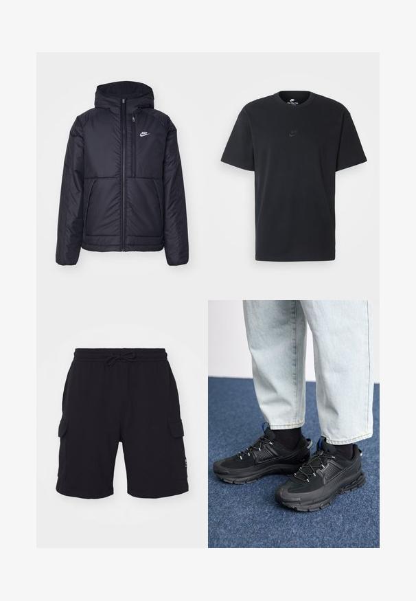 Black, padded Nike jacket with a front zipper and hood. Features a white logo on the left chest and dual front pockets. Smooth exterior texture.; Nike black cotton t-shirt with a classic crew neck, short sleeves, and a subtle, embossed logo on the chest. Smooth texture.; Black cargo shorts with an elastic waistband and drawstring. Features two side pockets and a small logo patch on the right side.; Black athletic shoes with textured fabric and rubber soles, featuring elastic laces and a blue accent on the heel. Worn with light denim pants.