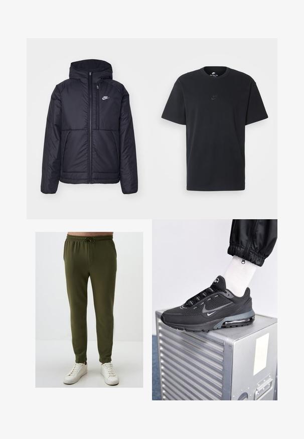Zwarte, gewatteerde Nike-jas met een voorkant met ritssluiting en capuchon. Kenmerkt zich door een wit logo op de linkerborst en dubbele frontzakken. Gladde buitenkant.; Zwarte katoenen t-shirt van Nike met een klassieke ronde hals, korte mouwen en een subtiele, reliëflogo op de borst. Gladde textuur.; Olijfgroene joggingsbroek met een elastische tailleband, trekkoorddetails en een taps toelopende pijp, gecombineerd met witte sneakers. Soepele textuur.; Nike Sportswear PULSE - Sneakers laag - black/anthracite