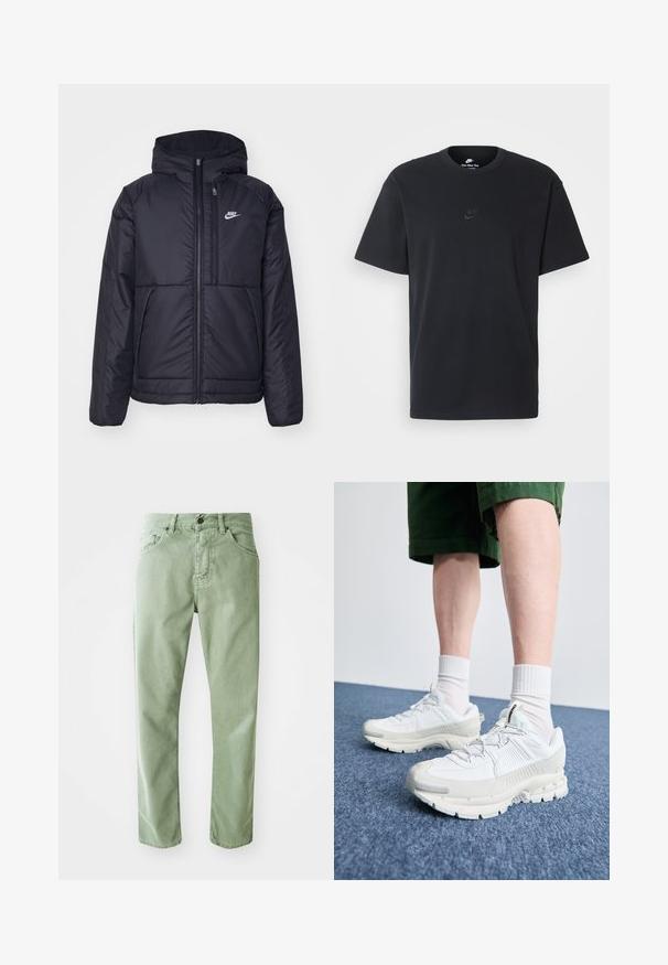 Must musta Nike jope, millel on ees lukuga avamine ja kapuuts. Vasakpoolne rind on kaunistatud valge logoga ning ees on kaks taskut. Sile välimine tekstuur.; Nike musta mustast puuvillast T-särk klassikalise ümmarguse kaelusega, lühikeste varrukatega ja õrna, reljeefse logoga rinnal. Sile tekstuur.; Roheline teksapükste sirge lõikega, viie tasku ja esiklahendusega. Omab peent tekstuuri ja puhtat viimistlust.; Valged sportsijalatsid tekstuursete pealsete, kopsaka tallaga ja hallide aktsentidega. Kanda valgete lühikeste sokkidega ja roheliste lühikeste pükstega sinisel pinnal.