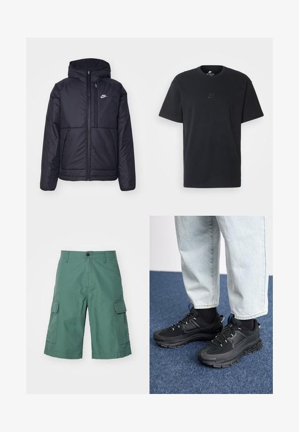 Veste Nike noire rembourrée avec une fermeture éclair sur le devant et une capuche. Elle présente un logo blanc sur la poitrine gauche et deux poches avant. Texture extérieure lisse.; T-shirt en coton noir Nike avec un col rond classique, des manches courtes et un logo embossé subtil sur la poitrine. Texture lisse.; Shorts cargo verts en tissu texturé, dotés de deux poches latérales et d'une fermeture à bouton à l'avant. Ils se terminent au-dessus du genou avec un ourlet dégarni.; Des chaussures de sport noires avec un tissu texturé et des semelles en caoutchouc, dotées de lacets élastiques et d'un accent bleu au talon. Portées avec un pantalon en denim clair.