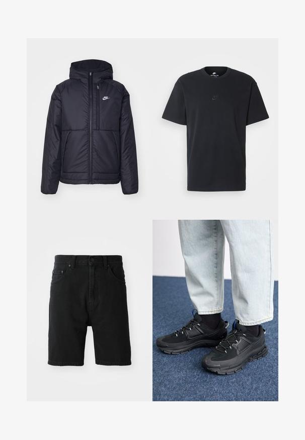 Casaco Nike preto, acolchoado, com fecho à frente e capuz. Apresenta um logo branco no lado esquerdo do peito e dois bolsos frontais. Textura exterior lisa.; T-shirt de algodão preto da Nike com um clássico decote redondo, mangas curtas e um logótipo em relevo discreto no peito. Textura suave.; Calções de ganga pretos com corte reto, design de cinco bolsos, fecho com botão à frente e bainha dobrada. Textura suave sem padrões visíveis.; Sapatilhas desportivas pretas com tecido texturizado e solas em borracha, apresentando atacadores elásticos e um detalhe azul no calcanhar. Usadas com calças de ganga claras.