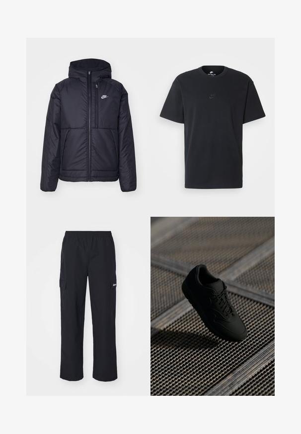 Schwarze, gepolsterte Nike-Jacke mit Frontreißverschluss und Kapuze. Hat ein weißes Logo auf der linken Brust und zwei Fronttaschen. Glattes äußeres Material.; Schwarzes Baumwoll-T-Shirt von Nike mit klassischem Rundhalsausschnitt, kurzen Ärmeln und einem dezenten, geprägten Logo auf der Brust. Glatte Textur.; Ellesse TERATILO - Cargohose - black; Schwarze Sneaker mit einer glatten Oberfläche, runder Zehenform, Schnürung vorne und dezentem Branding. Vor einem strukturierten, industriellen Hintergrund präsentiert.