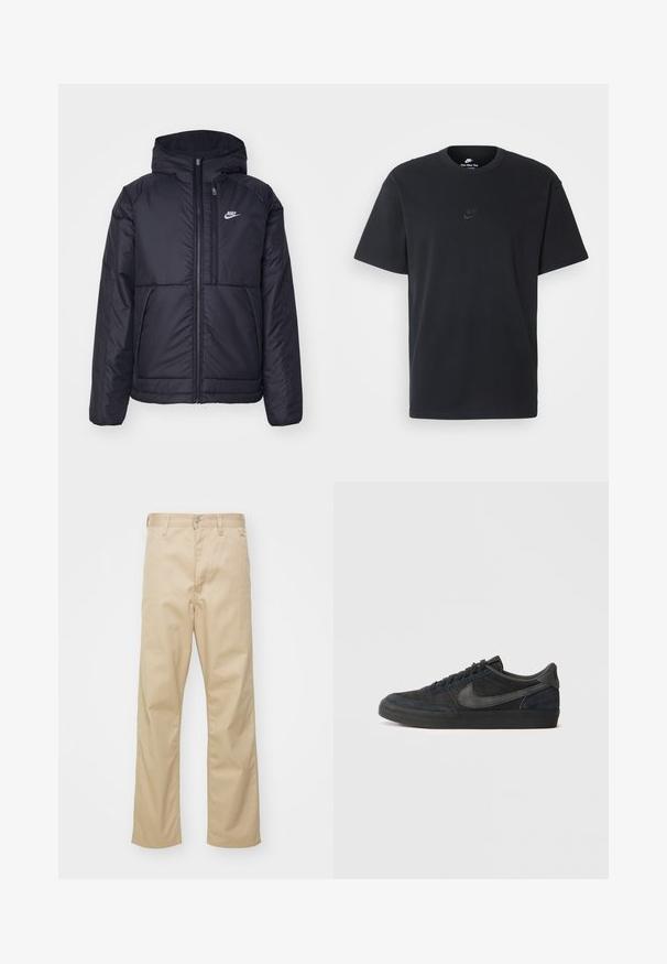 Sort, polstret Nike-jakke med frontlynlås og hætte. Har et hvidt logo på venstre bryst og to frontlommer. Glat ydre tekstur.; Nike sort bomulds t-shirt med en klassisk rund hals, korte ærmer og et diskret, præget logo på brystet. Glat tekstur.; Beige bomuldsbukser med lige ben, der har en frontlukning med knap, bæltestropper og to sidelommer. Glat tekstur.; Sorte suedet sneakers med lav profil, gummisål, teksturerede sidepaneler og tonale Nike swoosh-logo. Snørelukning fortil, polstret krave.