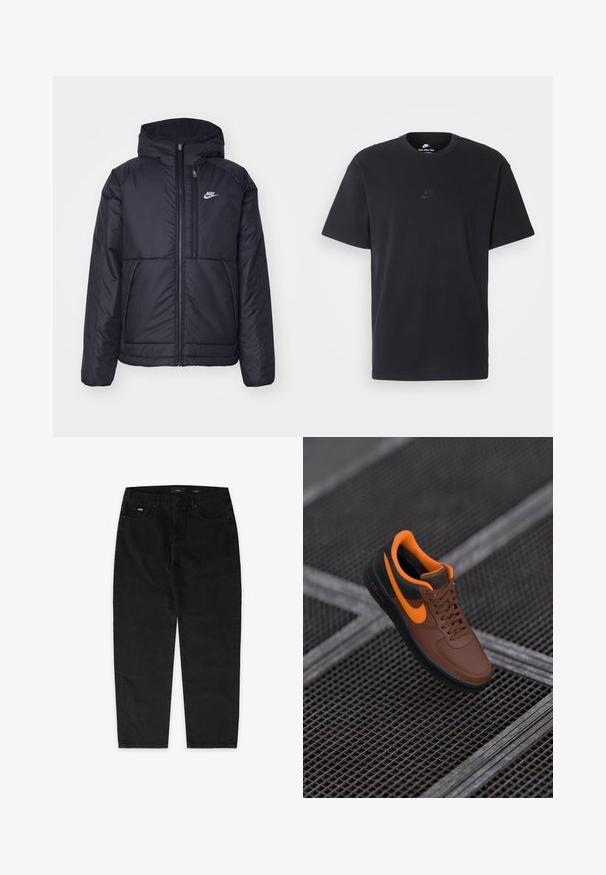 Μαύρο, επενδυμένο μπουφάν Nike με μπροστινό φερμουάρ και κουκούλα. Διαθέτει λευκό λογότυπο στο αριστερό στήθος και διπλές μπροστινές τσέπες. Λείο εξωτερικό υλικό.; Μαύρη βαμβακερή μπλούζα Nike με κλασικό στρογγυλό λαιμό, κοντά μανίκια και μια διακριτική, ανάγλυφη λογότυπο στο στήθος. Λείο ύφασμα.; EIGHTYFIVE WITH LOOP - Φαρδύ τζιν - black washed; Καφέ δερμάτινα αθλητικά παπούτσια με πορτοκαλί λεπτομέρειες, στρογγυλή μύτη, σχέδιο με κορδόνια και υφή στην επιφάνεια. Πράσινη καουτσούκ σόλα με ορατό λογότυπο "AIR".