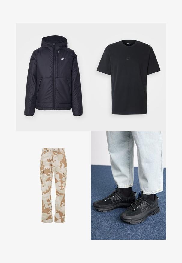 Černá zateplená bunda Nike s předním zipem a kapucí. Na levé straně hrudi má bílé logo a dvojité přední kapsy. Hladký povrch.; Černé bavlněné tričko Nike s klasickým kulatým výstřihem, krátkými rukávy a decentně vyraženým logem na hrudi. Hladký povrch.; Beige maskáčové cargo kalhoty se bočními kapsami, vyrobené z tkaniny s hladkým povrchem, s rovnými nohavicemi a zapínáním na knoflík.; Černé sportovní boty s texturovanou tkaninou a gumovou podrážkou, s elastickými tkaničkami a modrým akcentem na patě. Nosí se s světlými džíny.