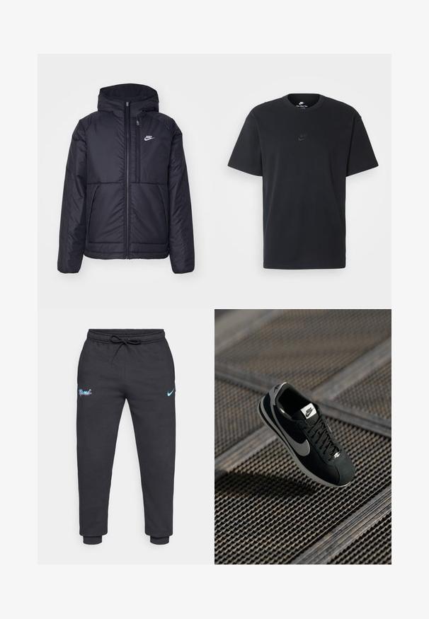 Μαύρο, επενδυμένο μπουφάν Nike με μπροστινό φερμουάρ και κουκούλα. Διαθέτει λευκό λογότυπο στο αριστερό στήθος και διπλές μπροστινές τσέπες. Λείο εξωτερικό υλικό.; Μαύρη βαμβακερή μπλούζα Nike με κλασικό στρογγυλό λαιμό, κοντά μανίκια και μια διακριτική, ανάγλυφη λογότυπο στο στήθος. Λείο ύφασμα.; Μαύρες φόρμες από μαλακό ύφασμα, με κορδόνι στη μέση, ελαστικές μανσέτες και λογότυπο "Miami" σε μωβ και μπλε χρώμα; το λογότυπο της Nike σε ανοιχτό μπλε.; Μαύρο αθλητικό παπούτσι Nike με γκρι λεπτομέρειες, από σουέτ και πλέγμα, υφασμάτινη σόλα, στενή σιλουέτα και κλασικό σχέδιο με κορδόνια.
