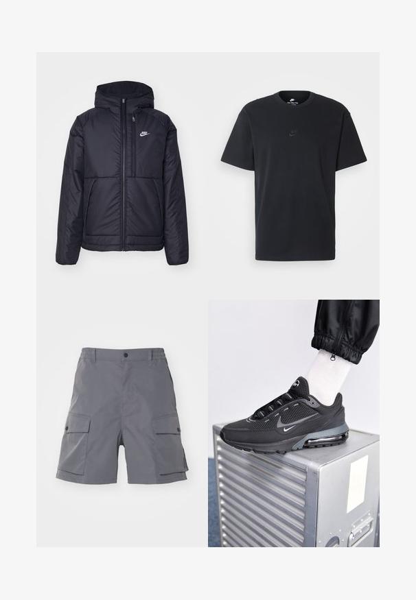 Black, padded Nike jacket with a front zipper and hood. Features a white logo on the left chest and dual front pockets. Smooth exterior texture.; Nike black cotton t-shirt with a classic crew neck, short sleeves, and a subtle, embossed logo on the chest. Smooth texture.; Carhartt WIP BALTO - Shorts - graphite; Nike Sportswear PULSE - Trainers - black/anthracite