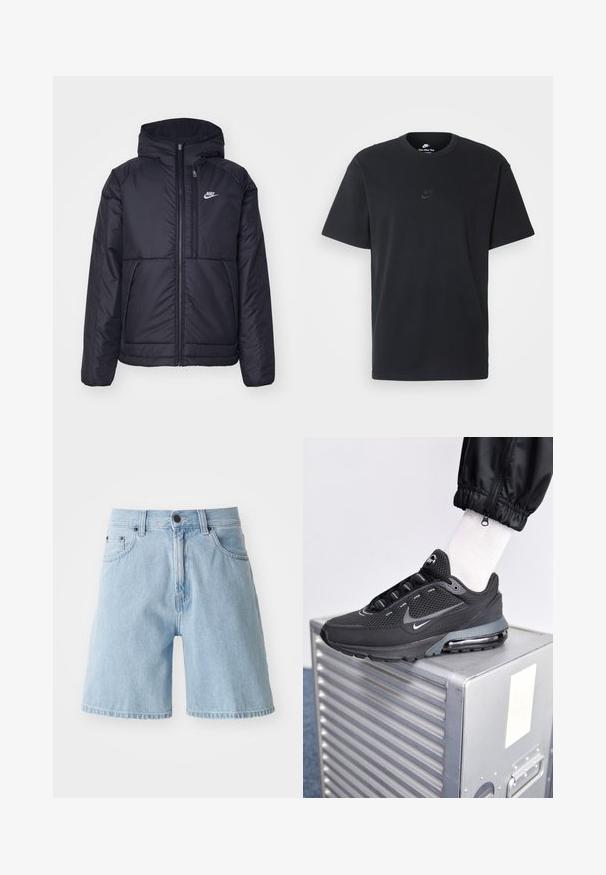 Czarna, pikowana kurtka Nike z przednim zamkiem błyskawicznym i kapturem. Posiada białe logo po lewej stronie klatki piersiowej oraz podwójne kieszenie z przodu. Gładka struktura zewnętrzna.; Czarny bawełniany t-shirt Nike z klasycznym okrągłym dekoltem, krótkimi rękawami oraz subtelnym, wytłoczonym logo na piersi. Gładka tekstura.; Jasnoniebieskie szorty dżinsowe o luźnym kroju, z pięcioma kieszeniami i zapięciem na guzik w pasie; surowe wykończenie nogawek.; Nike Sportswear PULSE czarny