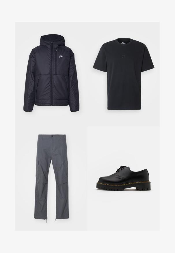 Giacca Nike nera, imbottita, con zip frontale e cappuccio. Presenta un logo bianco sul lato sinistro del petto e doppie tasche frontali. Texture esterna liscia.; T-shirt in cotone nero della Nike con collo rotondo classico, maniche corte e un logo in rilievo discreto sul petto. Texture liscia.; Pantaloni cargo grigi con vestibilità dritta, numerose tasche, chiusura con bottone e orlo con polsini regolabili. Realizzati in tessuto leggero e resistente.; Scarpa nera in pelle con lacci, punta arrotondata, suola in gomma texturizzata e cuciture gialle attorno alla base. Design piatto e finitura liscia.
