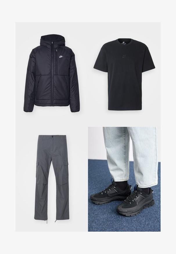 Veste Nike noire rembourrée avec une fermeture éclair sur le devant et une capuche. Elle présente un logo blanc sur la poitrine gauche et deux poches avant. Texture extérieure lisse.; T-shirt en coton noir Nike avec un col rond classique, des manches courtes et un logo embossé subtil sur la poitrine. Texture lisse.; Pantalons cargo gris avec une coupe droite, plusieurs poches, fermeture à boutons et poignets ajustables au bas. Fabriqués en tissu durable et léger.; Des chaussures de sport noires avec un tissu texturé et des semelles en caoutchouc, dotées de lacets élastiques et d'un accent bleu au talon. Portées avec un pantalon en denim clair.