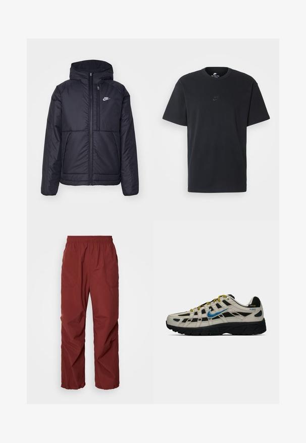 Veste Nike noire rembourrée avec une fermeture éclair sur le devant et une capuche. Elle présente un logo blanc sur la poitrine gauche et deux poches avant. Texture extérieure lisse.; T-shirt en coton noir Nike avec un col rond classique, des manches courtes et un logo embossé subtil sur la poitrine. Texture lisse.; Pantalons légers rouges à taille élastique avec deux poches latérales, jambes larges et texture lisse. Idéaux pour une utilisation décontractée ou active.; Sneaker Nike P-6000 beige et noir avec une virgule bleue, des lacets jaunes, une semelle noire et une étiquette en tissu Cordura sur le talon.