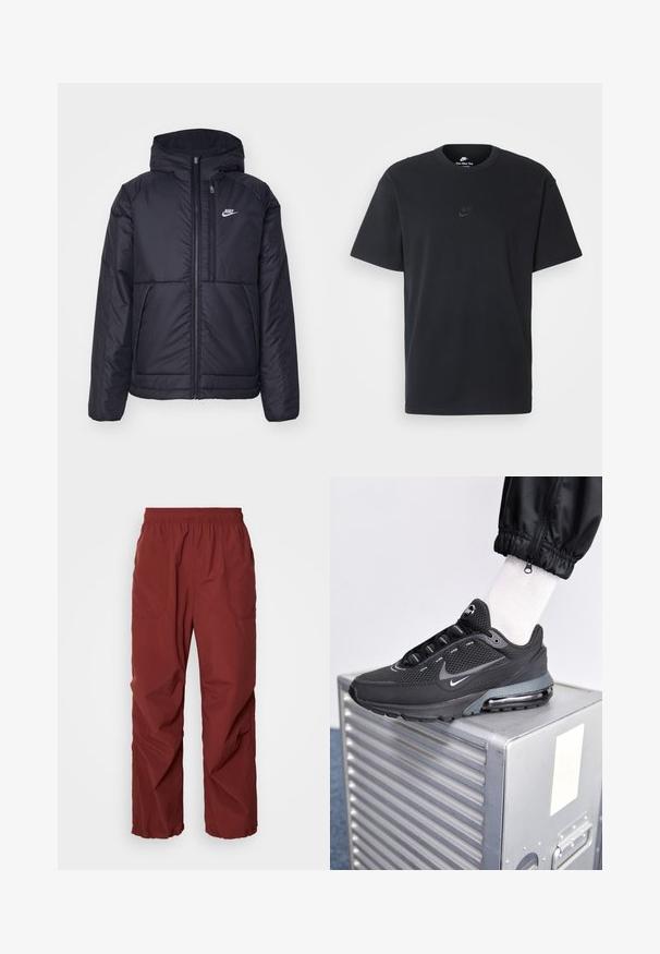 Schwarze, gepolsterte Nike-Jacke mit Frontreißverschluss und Kapuze. Hat ein weißes Logo auf der linken Brust und zwei Fronttaschen. Glattes äußeres Material.; Schwarzes Baumwoll-T-Shirt von Nike mit klassischem Rundhalsausschnitt, kurzen Ärmeln und einem dezenten, geprägten Logo auf der Brust. Glatte Textur.; Rote, leichte, elastische Hosen mit zwei Seitentaschen, weitem Bein und glatter Textur. Ideal für Freizeitkleidung oder aktive Nutzung.; Nike Sportswear PULSE - Sneaker low - black/anthracite