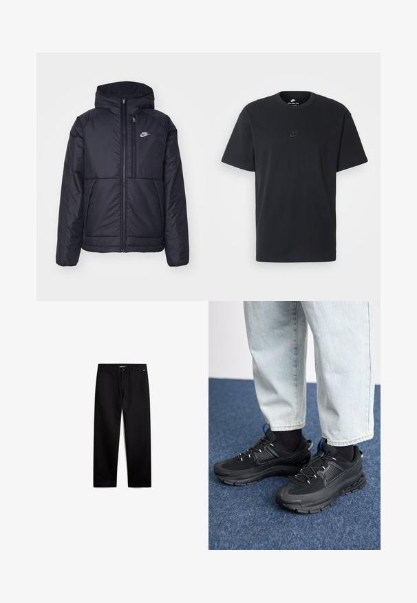 Černá zateplená bunda Nike s předním zipem a kapucí. Na levé straně hrudi má bílé logo a dvojité přední kapsy. Hladký povrch.; Černé bavlněné tričko Nike s klasickým kulatým výstřihem, krátkými rukávy a decentně vyraženým logem na hrudi. Hladký povrch.; Černé bavlněné kalhoty rovného střihu se zipem vpředu a předními kapsami. Hladká textura, žádné viditelné vzory a minimální kovové prvky.; Černé sportovní boty s texturovanou tkaninou a gumovou podrážkou, s elastickými tkaničkami a modrým akcentem na patě. Nosí se s světlými džíny.