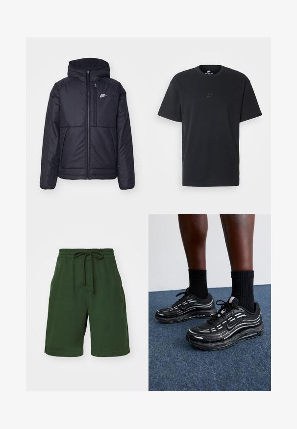 Sort, polstret Nike-jakke med frontlynlås og hætte. Har et hvidt logo på venstre bryst og to frontlommer. Glat ydre tekstur.; Nike sort bomulds t-shirt med en klassisk rund hals, korte ærmer og et diskret, præget logo på brystet. Glat tekstur.; Grønne bomulds shorts med elastisk talje og justerbar snørresystem. Har sidelommer og en afslappet pasform. Glat tekstur.; Sorte Nike sko har et mesh-overdel med accentstriber, tekstureret snørering og en sort gummisål. Båret med sorte ribbede sokker.