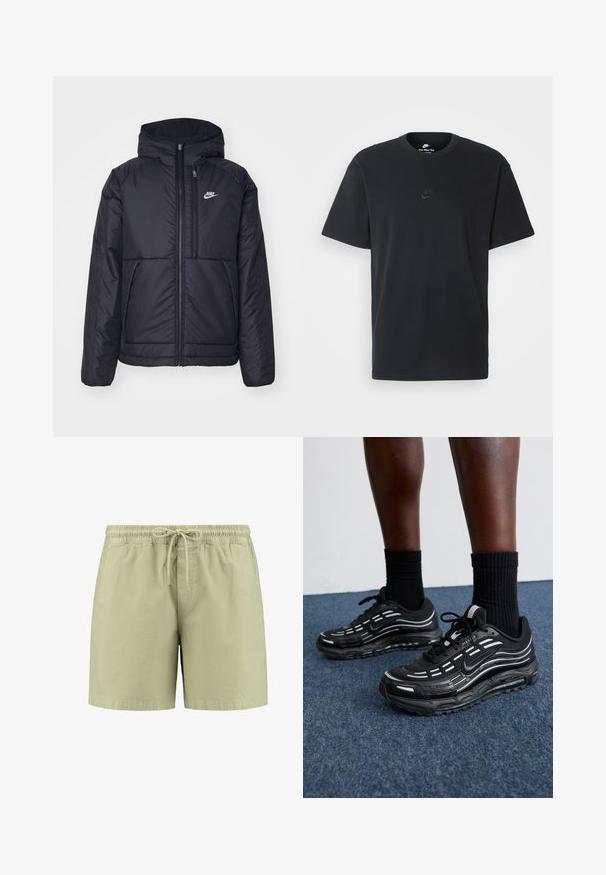 Črna, podložena Nike jakna z sprednjim zadrgo in kapuco. Ima bel logo na levem prsnem delu in dvojna sprednja žepa. Gladka zunanja tekstura.; Nike črna bombažna majica z klasičnim okroglim izrezom, kratkimi rokavi in subtilnim, vtisnjenim logotipom na prsih. Gladka tekstura.; Svetlo zeleni šortsi iz mehkega blaga, z elastičnim pasom in vrvico, stranskimi žepe in sproščenim krojem.; Črne Nike čevlje imajo mrežasto zgornji del z naglasnimi črtami, teksturirane vezalke in črn gumijast podplat. Nosijo se s črnimi rebrastimi nogavicami.