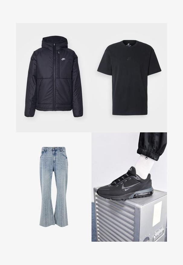 Chaqueta acolchada negra de Nike con cremallera frontal y capucha. Presenta un logo blanco en el lado izquierdo del pecho y dos bolsillos frontales. Textura exterior suave.; Camiseta negra de algodón de Nike con un clásico cuello redondo, mangas cortas y un sutil logo en relieve en el pecho. Textura suave.; Vaqueros de mezclilla azul claro con campana, detalles de bolsillos frontales, costuras visibles y una cintura con presillas para cinturón. Diseño clásico de cinco bolsillos.; Nike Sportswear PULSE - Zapatillas - black/anthracite