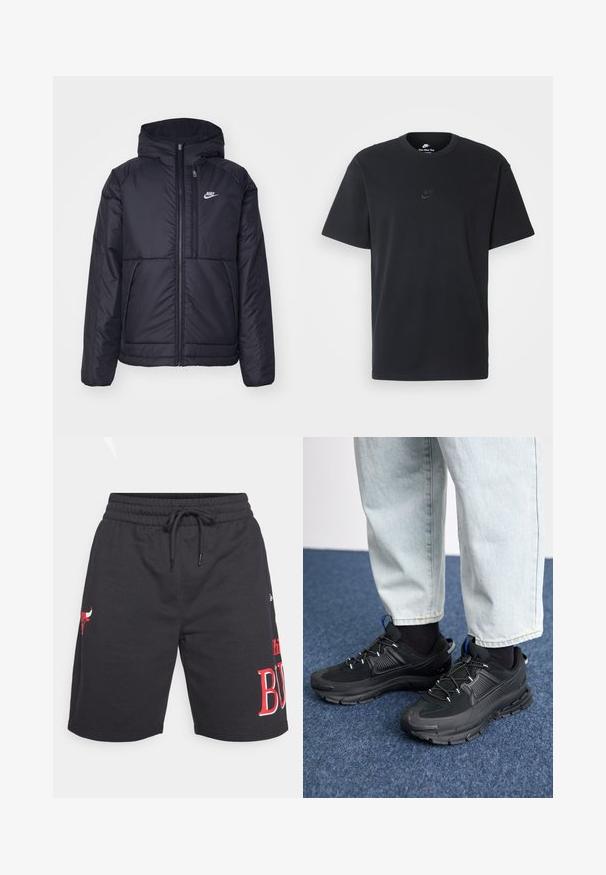 Melna, pufota Nike jaka ar priekšējo rāvējslēdzēju un kapuci. Iezīmēta ar baltu logotipu uz kreisās krūtis un divām priekšējām kabatām. Gluda ārējā tekstūra.; Nike melns kokvilnas T-krekls ar klasisku piegriezumu, īsām piedurknēm un smalku, reljefu logotipu uz krūškurvja. Gluda tekstūra.; Melnas sporta bikses, izgatavotas no mīkstas auduma, ar elastīgu jostas vietu un auklu, sarkani logo akcenti un līdz ceļiem garums.; Melni sporta apavi ar strukturētu audumu un gumijas zoli, ar elastīgām auklām un zilu akcentu uz papēža. Nēsāti ar gaišām džinsu biksēm.