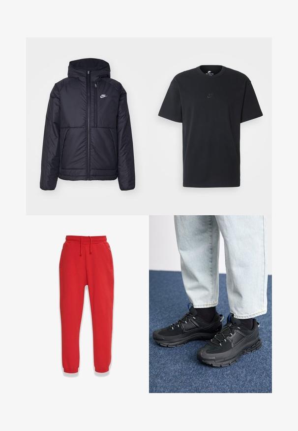 Veste Nike noire rembourrée avec une fermeture éclair sur le devant et une capuche. Elle présente un logo blanc sur la poitrine gauche et deux poches avant. Texture extérieure lisse.; T-shirt en coton noir Nike avec un col rond classique, des manches courtes et un logo embossé subtil sur la poitrine. Texture lisse.; Pantalons de survêtement rouges en tissu doux, dotés d'une taille élastique avec cordon de serrage, de poches latérales et de jambes fuselées.; Des chaussures de sport noires avec un tissu texturé et des semelles en caoutchouc, dotées de lacets élastiques et d'un accent bleu au talon. Portées avec un pantalon en denim clair.