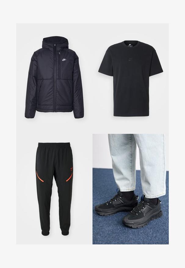 Casaco Nike preto, acolchoado, com fecho à frente e capuz. Apresenta um logo branco no lado esquerdo do peito e dois bolsos frontais. Textura exterior lisa.; T-shirt de algodão preto da Nike com um clássico decote redondo, mangas curtas e um logótipo em relevo discreto no peito. Textura suave.; Calças atléticas pretas com cintura e punhos elásticos, apresentando bolsos com zíper vermelho em ângulo e pequeno texto vermelho da marca na coxa direita.; Sapatilhas desportivas pretas com tecido texturizado e solas em borracha, apresentando atacadores elásticos e um detalhe azul no calcanhar. Usadas com calças de ganga claras.