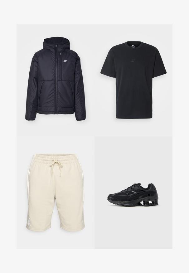 Melna, pufota Nike jaka ar priekšējo rāvējslēdzēju un kapuci. Iezīmēta ar baltu logotipu uz kreisās krūtis un divām priekšējām kabatām. Gluda ārējā tekstūra.; Nike melns kokvilnas T-krekls ar klasisku piegriezumu, īsām piedurknēm un smalku, reljefu logotipu uz krūškurvja. Gluda tekstūra.; Beige šortos ar elastīgu jostu un auklu. Sānu kabatas un balts logo kreisajā apakšmalā. Izgatavotas no mīksta auduma.; Melns sporta apavu pāris ar sietveida augšdaļu, polsterētu apkakli un izteiktu amortizācijas tehnoloģiju papēžā. Ir redzamas teksturētas detaļas un šņorītes.