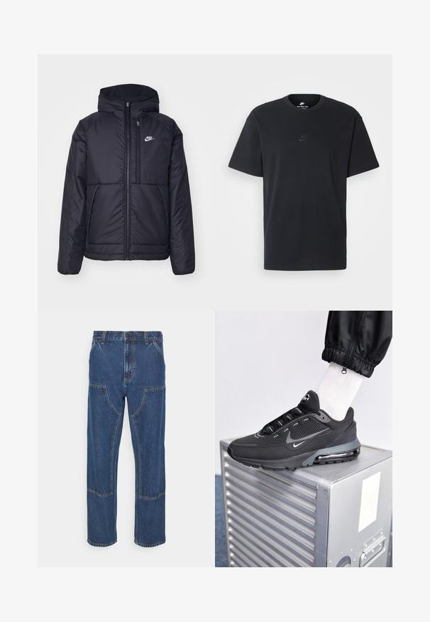 Černá zateplená bunda Nike s předním zipem a kapucí. Na levé straně hrudi má bílé logo a dvojité přední kapsy. Hladký povrch.; Černé bavlněné tričko Nike s klasickým kulatým výstřihem, krátkými rukávy a decentně vyraženým logem na hrudi. Hladký povrch.; Modré džíny z denimu s rovnými nohavicemi, předními náprsními kapsami a kontrastními stehy. Tkanina má klasickou texturu a povrchovou úpravu.; Nike Sportswear PULSE - Tenisky - black/anthracite