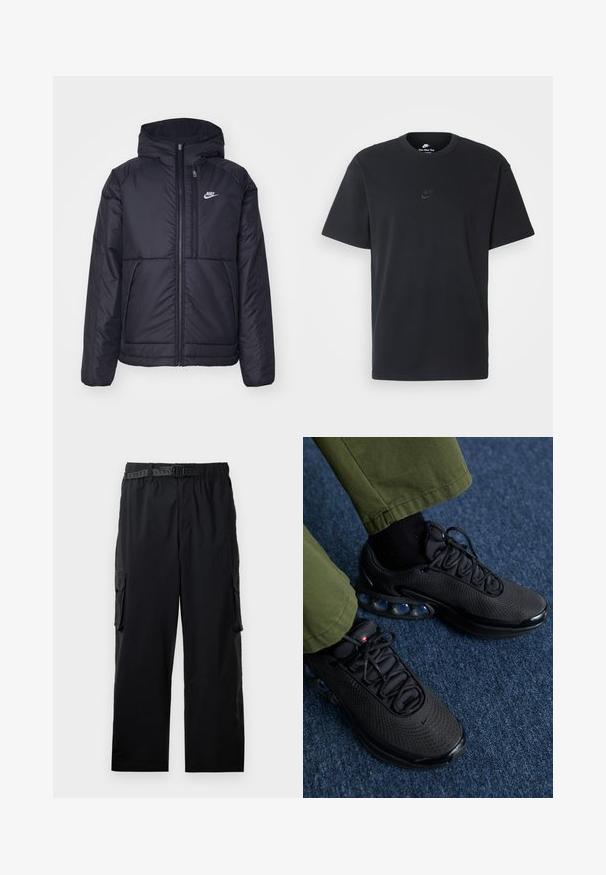 Casaco Nike preto, acolchoado, com fecho à frente e capuz. Apresenta um logo branco no lado esquerdo do peito e dois bolsos frontais. Textura exterior lisa.; T-shirt de algodão preto da Nike com um clássico decote redondo, mangas curtas e um logótipo em relevo discreto no peito. Textura suave.; Calças cargo pretas feitas de um tecido leve, com uma cintura elástica, cinto ajustável e múltiplos bolsos laterais.; Sapatos de desporto pretos com parte superior em malha, superfície texturizada e cápsulas de amortecimento de ar visíveis. Combinados com calças verde-oliva e meias pretas.