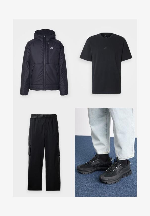 Must musta Nike jope, millel on ees lukuga avamine ja kapuuts. Vasakpoolne rind on kaunistatud valge logoga ning ees on kaks taskut. Sile välimine tekstuur.; Nike musta mustast puuvillast T-särk klassikalise ümmarguse kaelusega, lühikeste varrukatega ja õrna, reljeefse logoga rinnal. Sile tekstuur.; Mustad mustad püksid, mis on valmistatud kergest kangast, elastse vöökoha, reguleeritava vöö ja mitmete küljetaskutega.; Mustad mustad jooksukingad, millel on tekstureeritud kangas ja kummist tallad, elastsed nöörid ning sinine aksent kandadel. Kandmine heledate teksadega.