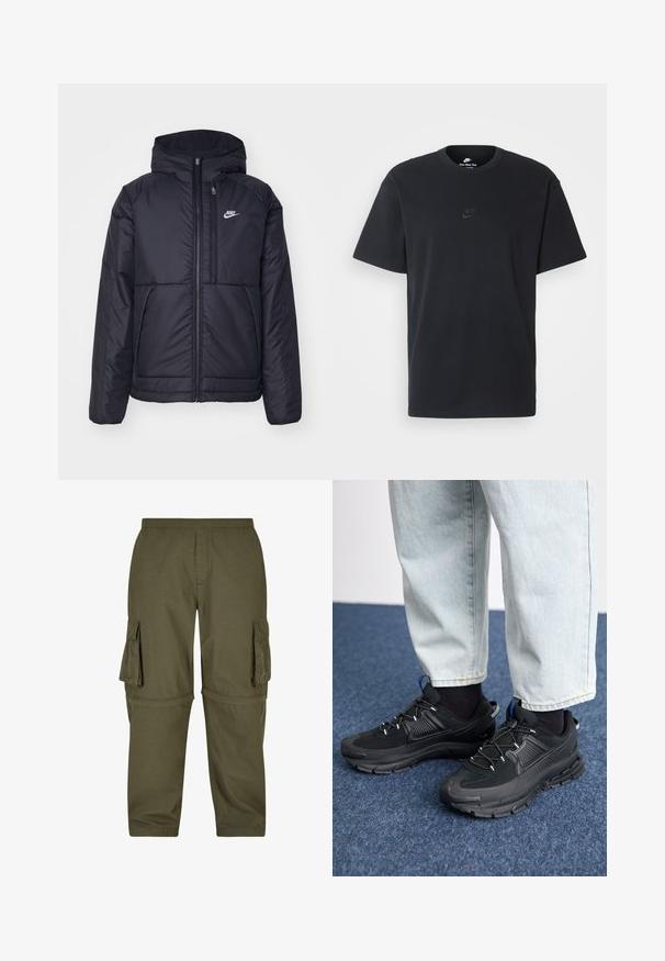 Fekete, párnázott Nike dzseki elülső cipzárral és kapucnival. A bal mellen fehér logó található, valamint két elülső zseb. Simának tűnő külső felület.; Fekete pamut póló Nike márkájú, klasszikus, kerek nyakú, rövid ujjú, és letisztult, dombornyomott logóval a mellkason. Simább textúra.; Olívazöld cargo nadrág, könnyű anyagból, több oldalsó zsebbel, rugalmas derékkal és egyenes szabású kivitelben.; Fekete sportcipők texturált anyaggal és gumitalppal, elasztikus fűzőkkel és kék kiegészítővel a saroknál. Világos farmernadrággal viselve.