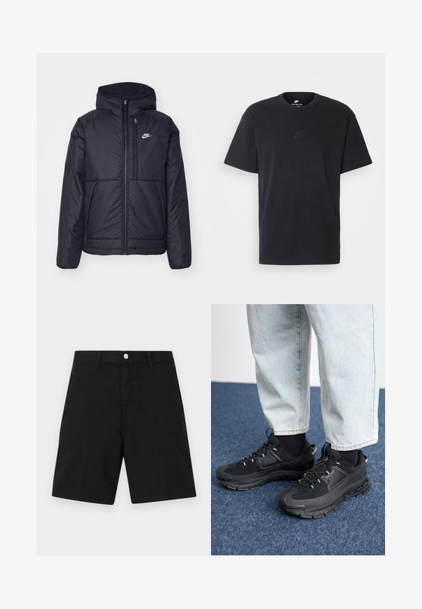 Sort, polstret Nike-jakke med frontlynlås og hætte. Har et hvidt logo på venstre bryst og to frontlommer. Glat ydre tekstur.; Nike sort bomulds t-shirt med en klassisk rund hals, korte ærmer og et diskret, præget logo på brystet. Glat tekstur.; Sorte bomulds shorts med en talje med en sølvknap, lige ben design og minimale syninger for et rent look.; Sorte træningssko med tekstureret stof og gummisåler, udstyret med elastiske snørebånd og en blå detalje på hælen. Bæres med lyse denimbukser.