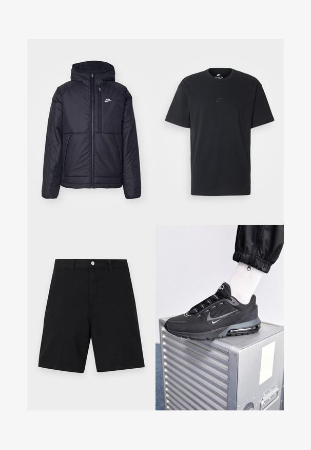 Veste Nike noire rembourrée avec une fermeture éclair sur le devant et une capuche. Elle présente un logo blanc sur la poitrine gauche et deux poches avant. Texture extérieure lisse.; T-shirt en coton noir Nike avec un col rond classique, des manches courtes et un logo embossé subtil sur la poitrine. Texture lisse.; Shorts en coton noir avec une ceinture dotée d'un bouton en argent, design à jambe droite et détails de couture minimalistes pour un look épuré.; Nike Sportswear PULSE - Baskets basses - black/anthracite