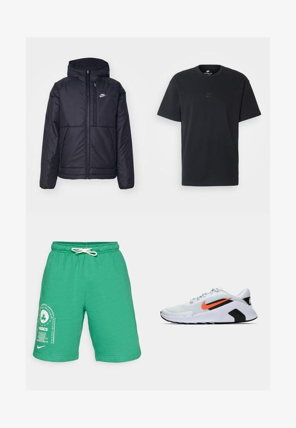 Must musta Nike jope, millel on ees lukuga avamine ja kapuuts. Vasakpoolne rind on kaunistatud valge logoga ning ees on kaks taskut. Sile välimine tekstuur.; Nike musta mustast puuvillast T-särk klassikalise ümmarguse kaelusega, lühikeste varrukatega ja õrna, reljeefse logoga rinnal. Sile tekstuur.; Roheline puuvillaseguse kangaga lühikesed püksid elastse vööga ja paelaotsaga. Vasakul jalal on valge Boston Celticsi graafika.; Valge sportlik jalanõud tekstuuriga võrgu ülaservaga, featuring oranž Nike logo, mustade aktsentidega ja pehmendustatud tallaga mustade ja valgete detailidega.