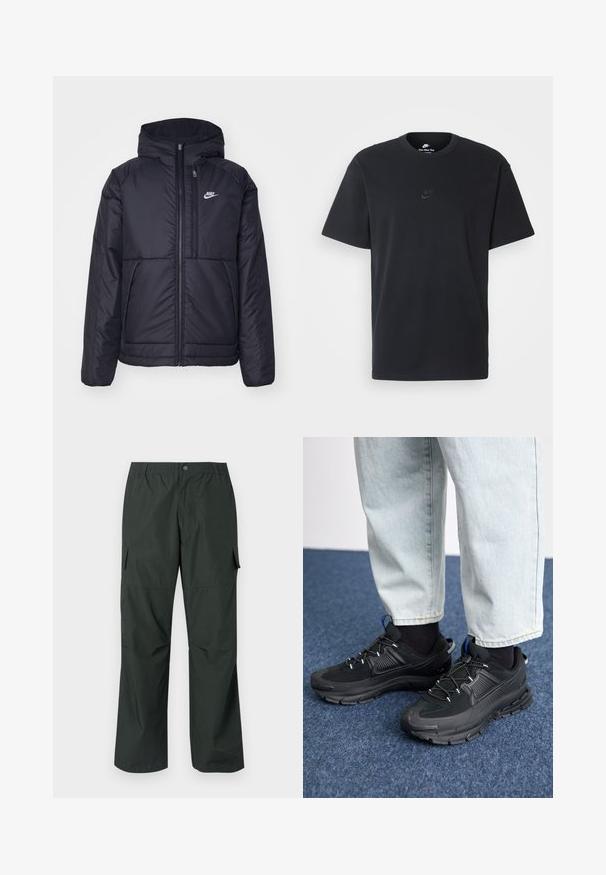 Musta, pehmustettu Nike-takki, jossa on etuvetoketju ja huppu. Vasemmassa rinnassa on valkoinen logo ja takissa on kaksinkertaiset etutaskut. Pintakoe on sileä.; Nike musta musta T-paita, jossa on klassinen pyöreä kaula-aukko, lyhyet etkä hihat sekä hillitty, kohopainettu logo rinnassa. Silkkinen rakenne.; Tummanvihreät cargo-housut, joissa on rento malli, joustava vyötärö, ommellut taskut ja sileä, kevyt kankaan tekstuuri.; Mustat urheilukengät, joissa on teksturoitu kangas ja kumipohjat, elastiset nauhat ja sininen yksityiskohta kannassa. Yhdistetty vaaleisiin farkkuihin.
