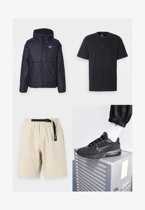 Zwarte, gewatteerde Nike-jas met een voorkant met ritssluiting en capuchon. Kenmerkt zich door een wit logo op de linkerborst en dubbele frontzakken. Gladde buitenkant.; Zwarte katoenen t-shirt van Nike met een klassieke ronde hals, korte mouwen en een subtiele, reliëflogo op de borst. Gladde textuur.; Beige shorts met een elastische tailleband en een zwarte verstelbare riem. Gemaakt van lichtgewicht stof, met een eenvoudig ontwerp en rechte snit.; Nike Sportswear PULSE - Sneakers laag - black/anthracite