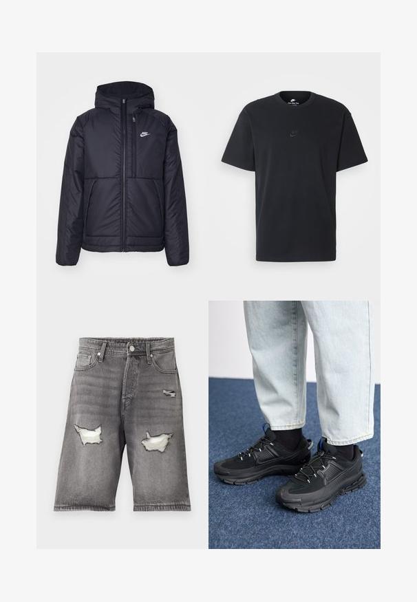 Must musta Nike jope, millel on ees lukuga avamine ja kapuuts. Vasakpoolne rind on kaunistatud valge logoga ning ees on kaks taskut. Sile välimine tekstuur.; Nike musta mustast puuvillast T-särk klassikalise ümmarguse kaelusega, lühikeste varrukatega ja õrna, reljeefse logoga rinnal. Sile tekstuur.; Hallidehalli hallid teksapüksid, millel on pleekinud viimistlus, kahel kulunud kohapeal ja viie taskuga disain. Metallist nööp ja lukuga sulgemine.; Mustad mustad jooksukingad, millel on tekstureeritud kangas ja kummist tallad, elastsed nöörid ning sinine aksent kandadel. Kandmine heledate teksadega.