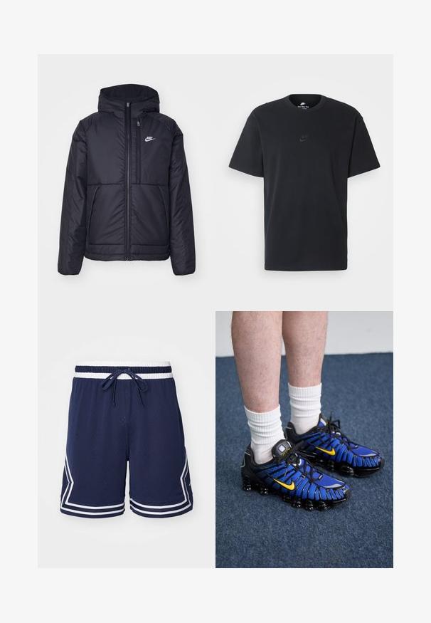 Casaco Nike preto, acolchoado, com fecho à frente e capuz. Apresenta um logo branco no lado esquerdo do peito e dois bolsos frontais. Textura exterior lisa.; T-shirt de algodão preto da Nike com um clássico decote redondo, mangas curtas e um logótipo em relevo discreto no peito. Textura suave.; Calças de desporto azul-marinho, feitas de tecido em malha, com detalhes brancos e uma cintura ajustável com cordão. Projetadas com um estilo desportivo e respirável.; Um par de sapatilhas de desporto em azul e preto apresenta um design em malha, detalhes amarelos e uma sola segmentada. Usadas com meias brancas de cano curto.