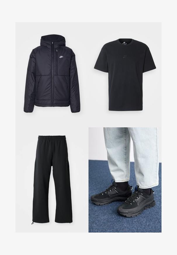 Casaco Nike preto, acolchoado, com fecho à frente e capuz. Apresenta um logo branco no lado esquerdo do peito e dois bolsos frontais. Textura exterior lisa.; T-shirt de algodão preto da Nike com um clássico decote redondo, mangas curtas e um logótipo em relevo discreto no peito. Textura suave.; Calças largas pretas feitas de tecido suave, com um cinto elástico e cordão, bolso lateral e uma textura lisa.; Sapatilhas desportivas pretas com tecido texturizado e solas em borracha, apresentando atacadores elásticos e um detalhe azul no calcanhar. Usadas com calças de ganga claras.