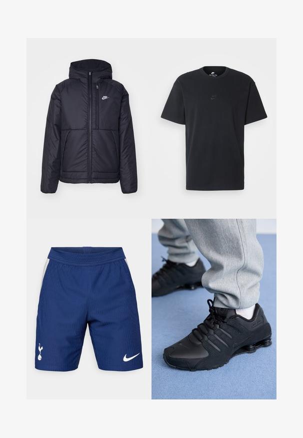 Veste Nike noire rembourrée avec une fermeture éclair sur le devant et une capuche. Elle présente un logo blanc sur la poitrine gauche et deux poches avant. Texture extérieure lisse.; T-shirt en coton noir Nike avec un col rond classique, des manches courtes et un logo embossé subtil sur la poitrine. Texture lisse.; Shorts de sport bleus avec une texture côtelée verticale, taille élastique et logo Nike blanc sur la jambe droite. Présente des panneaux en maille sur les côtés.; Personne portant des baskets Nike Shox noires et un pantalon de survêtement gris, debout sur un tapis bleu clair.